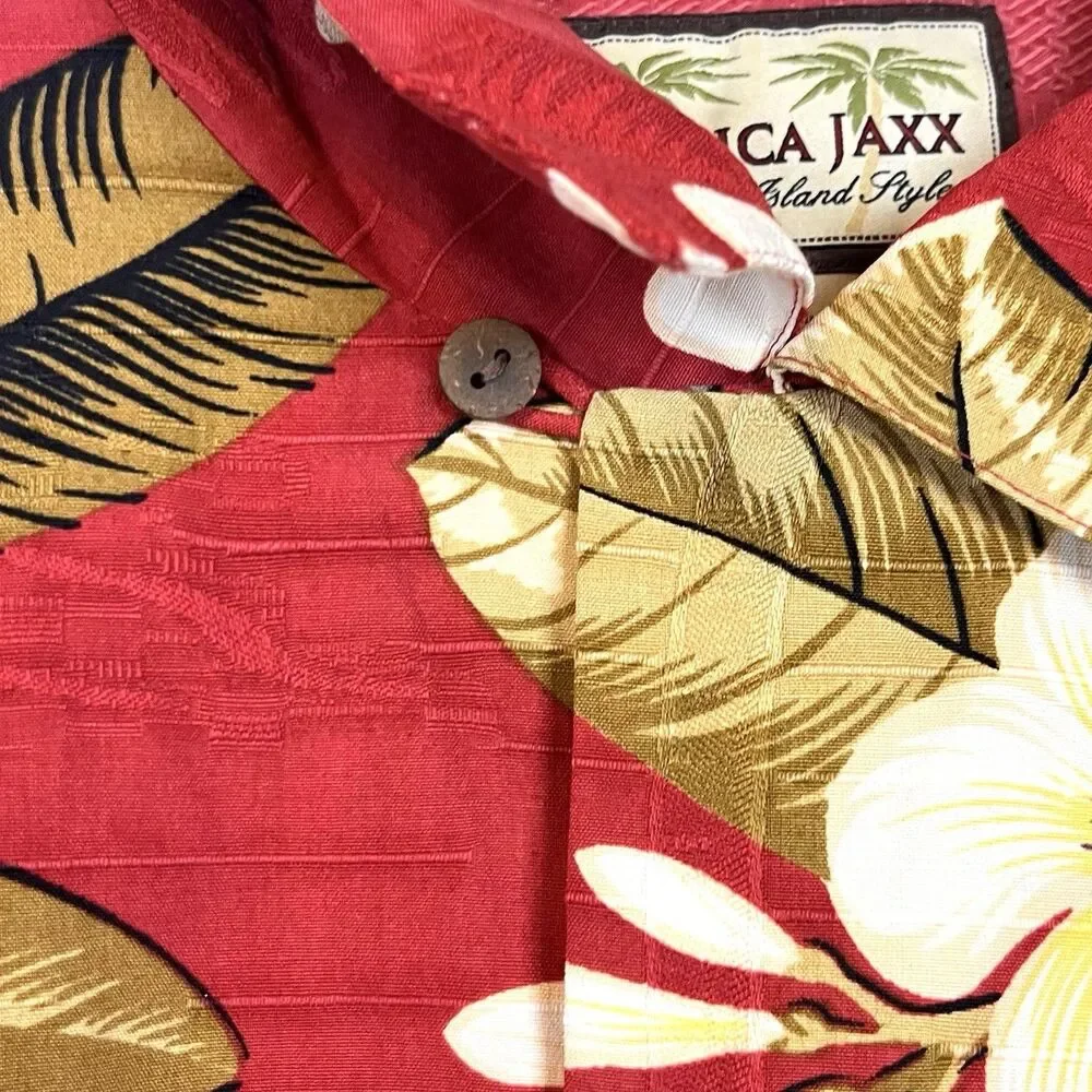 Jamaica Jaxx 100% Silk Hawaiian Shirt Men’s L Red Floral Aloha Boho